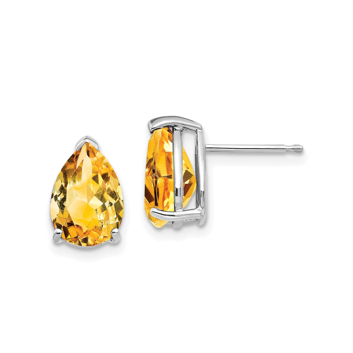 14k White Gold Pear Citrine Stud Earrings, Faceted Yellow Gemstone, Classic Prong Setting