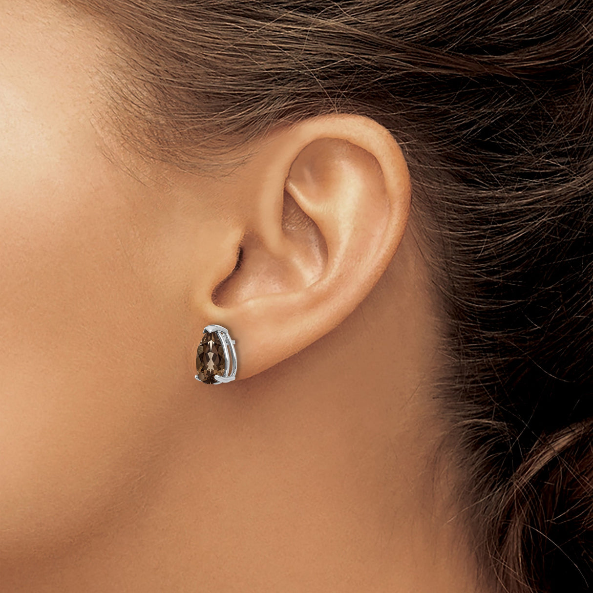 14k White Gold Stud Earrings with Pear Shaped Smoky Quartz in Prong Setting