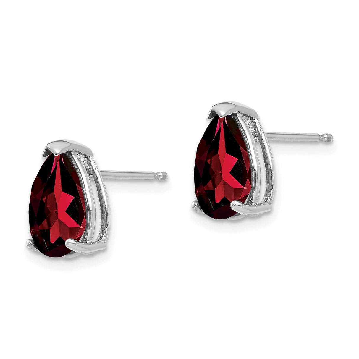 14k White Gold Garnet Stud Earrings, Pear Shaped Three Prong Setting for Women