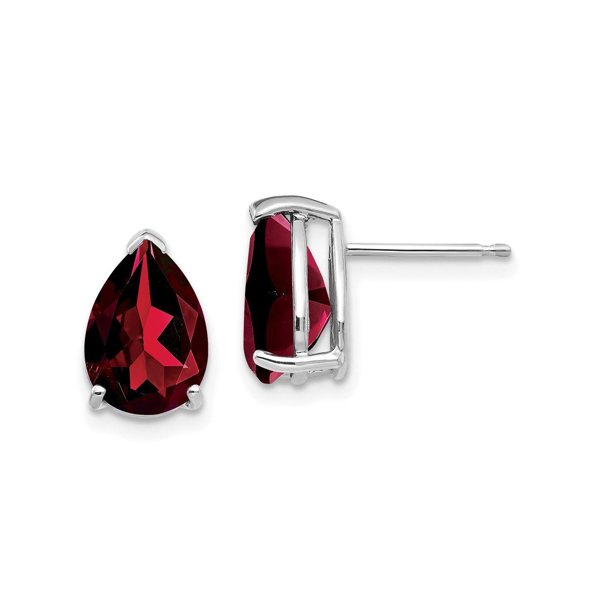 14k White Gold Garnet Stud Earrings, Pear Shaped Three Prong Setting for Women