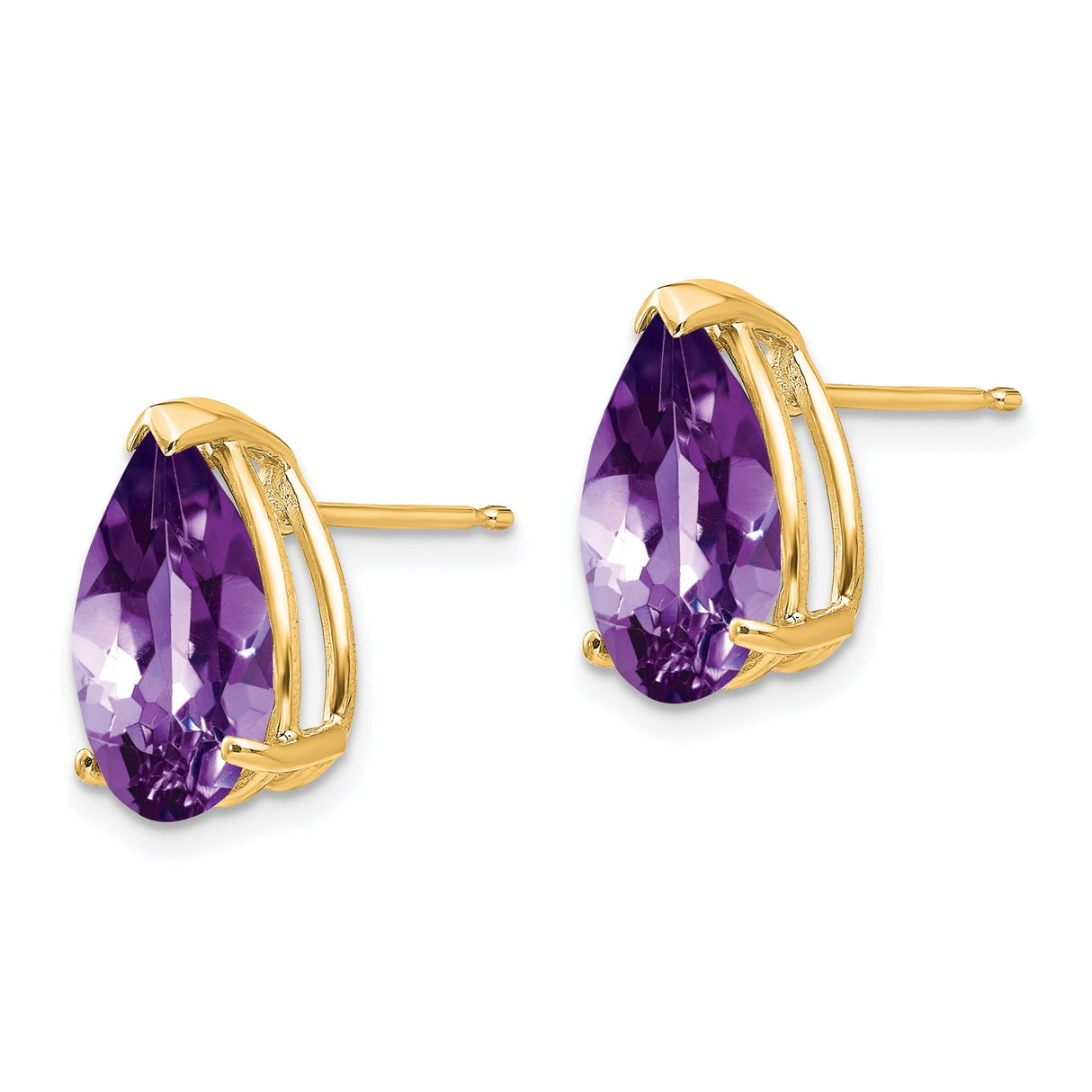 14k Yellow Gold Pear Shaped Amethyst Stud Earrings, Three Prong Setting, February Birthstone Jewelry