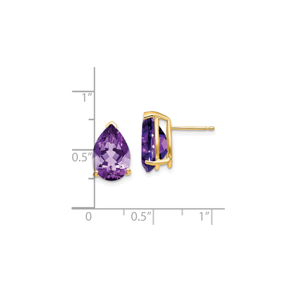 14k Yellow Gold Pear Shaped Amethyst Stud Earrings, Three Prong Setting, February Birthstone Jewelry