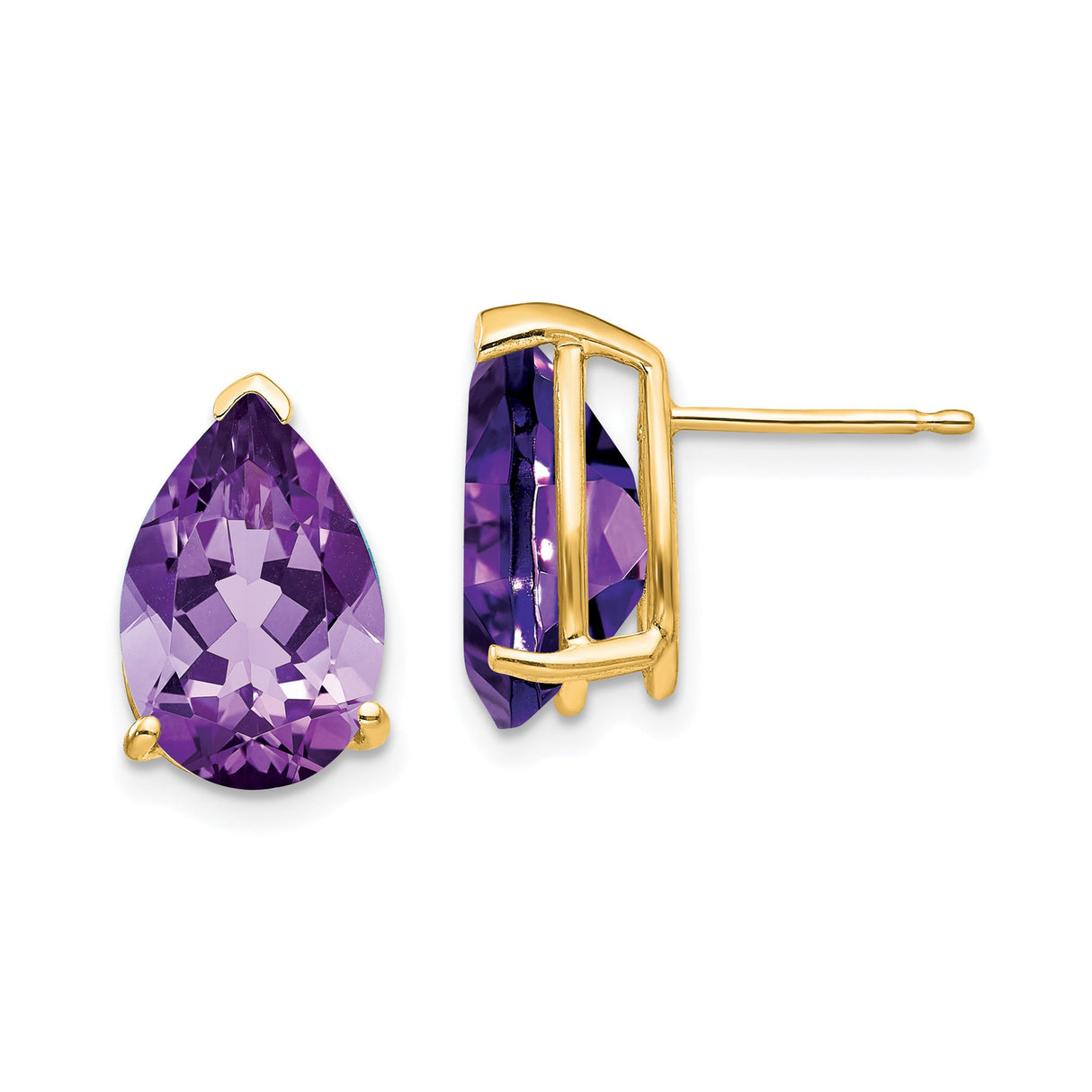 14k Yellow Gold Pear Shaped Amethyst Stud Earrings, Three Prong Setting, February Birthstone Jewelry