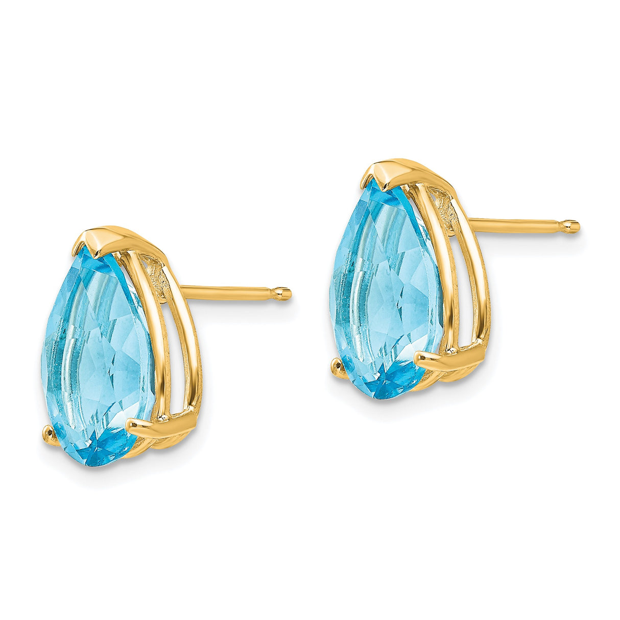 14k Yellow Gold Stud Earrings with Pear Shaped Swiss Blue Topaz, Three Prong Setting