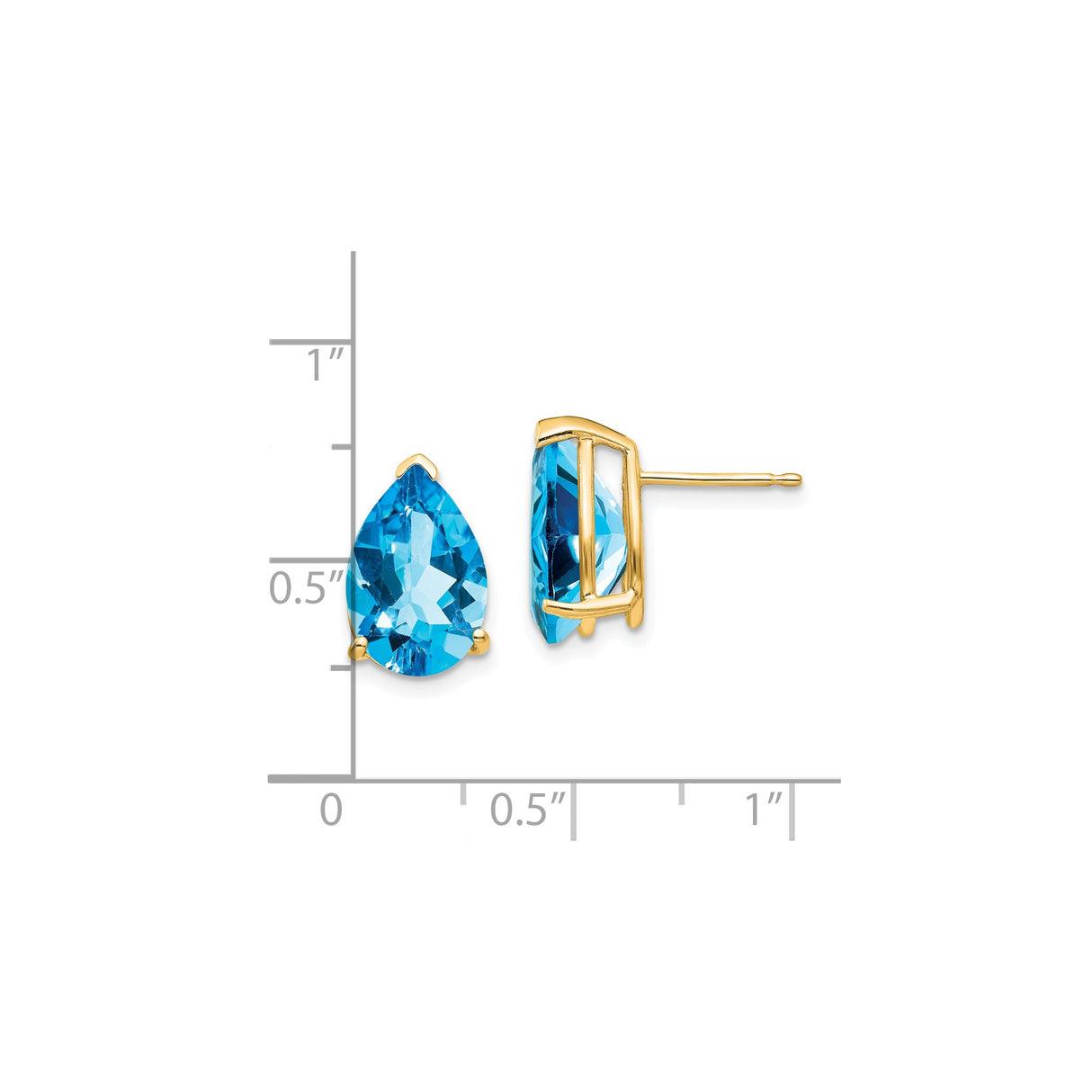 14k Yellow Gold Stud Earrings with Pear Shaped Swiss Blue Topaz, Three Prong Setting