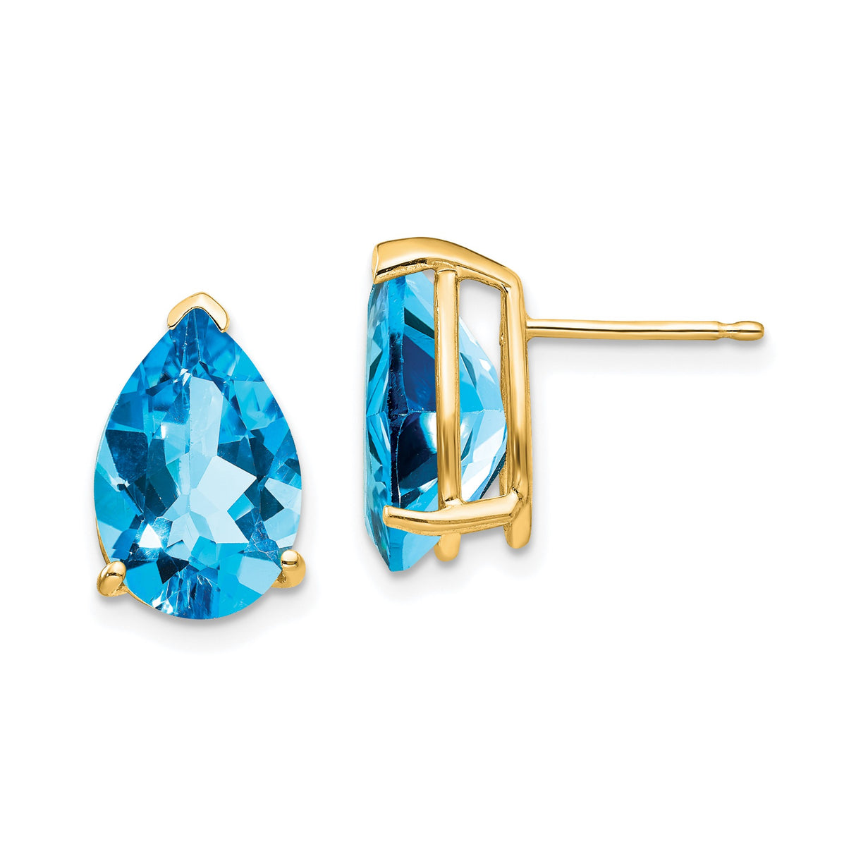 14k Yellow Gold Stud Earrings with Pear Shaped Swiss Blue Topaz, Three Prong Setting