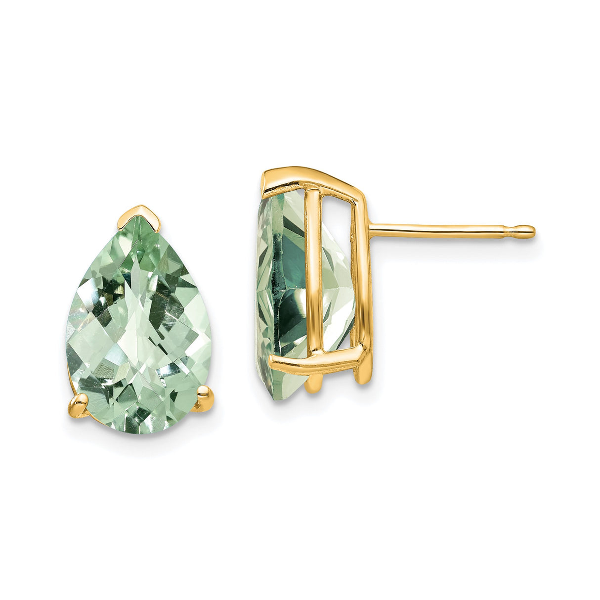14k Yellow Gold Stud Earrings with Pear Shaped Green Quartz, Classic Minimalist Design