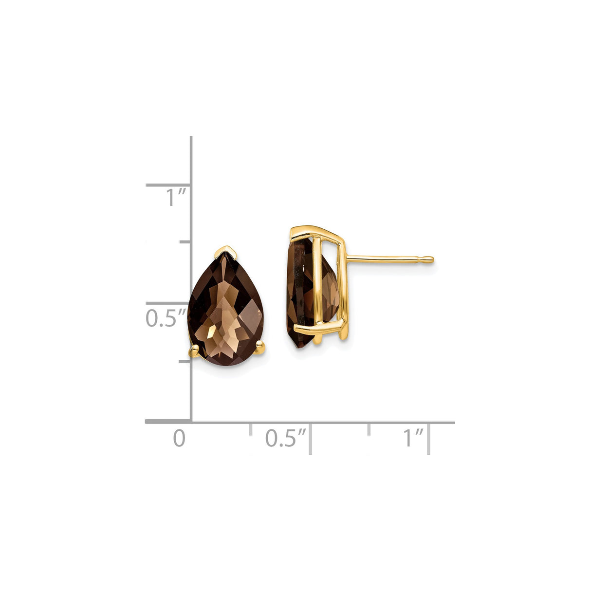 14k Yellow Gold Pear Shaped Stud Earrings with Smoky Quartz, Minimalist Style