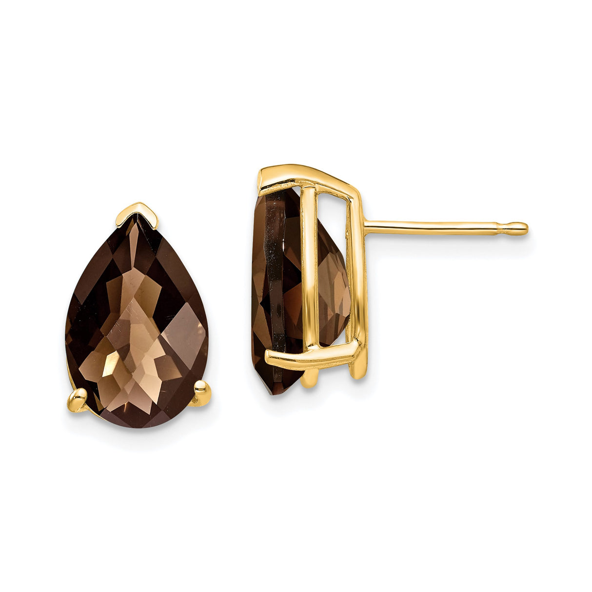 14k Yellow Gold Pear Shaped Stud Earrings with Smoky Quartz, Minimalist Style
