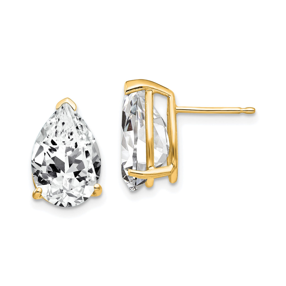 14k Yellow Gold Pear Shaped Stud Earrings with Cubic Zirconia, Prong Set Design for Women