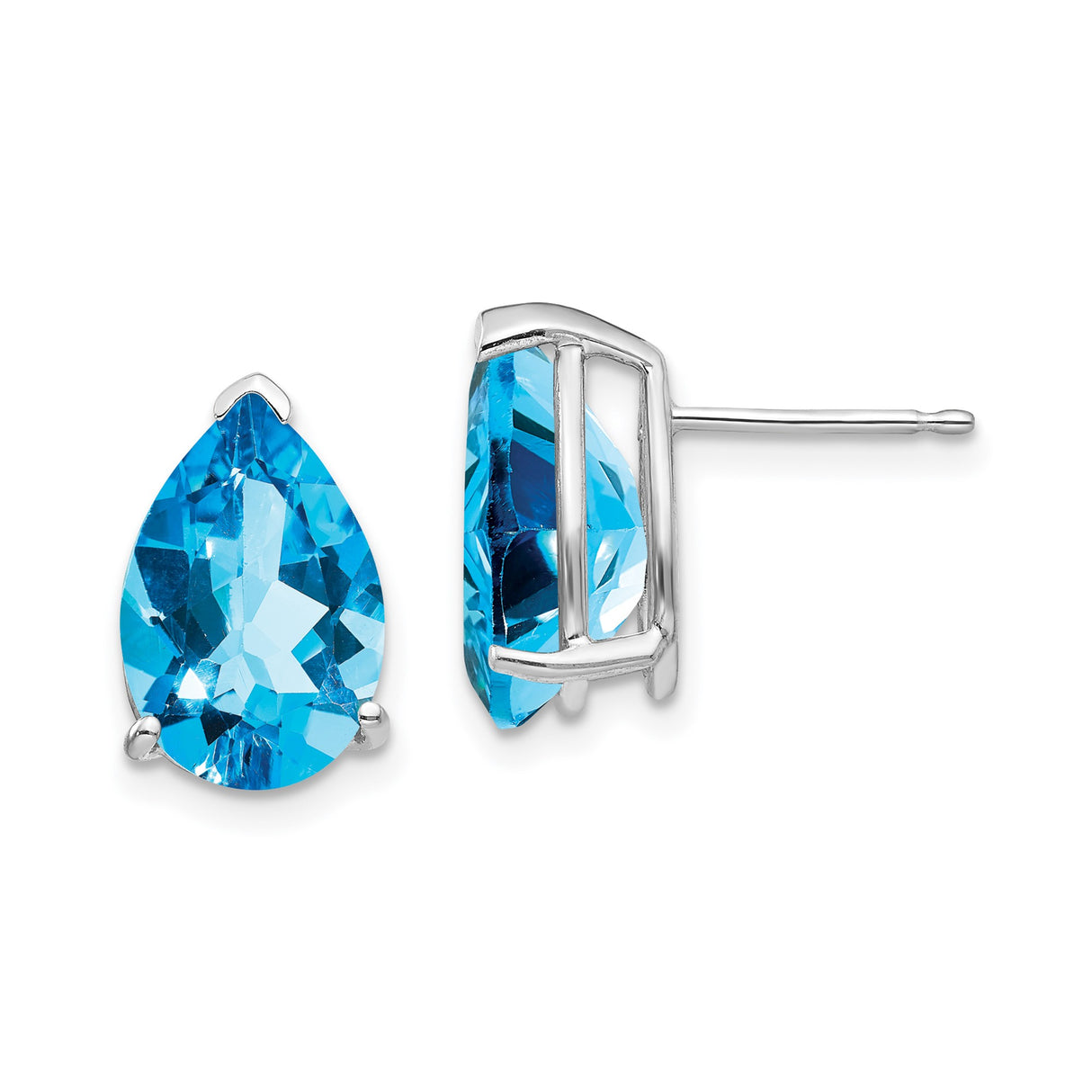 14k White Gold Stud Earrings with Pear Shaped Swiss Blue Topaz in Three Prong Setting