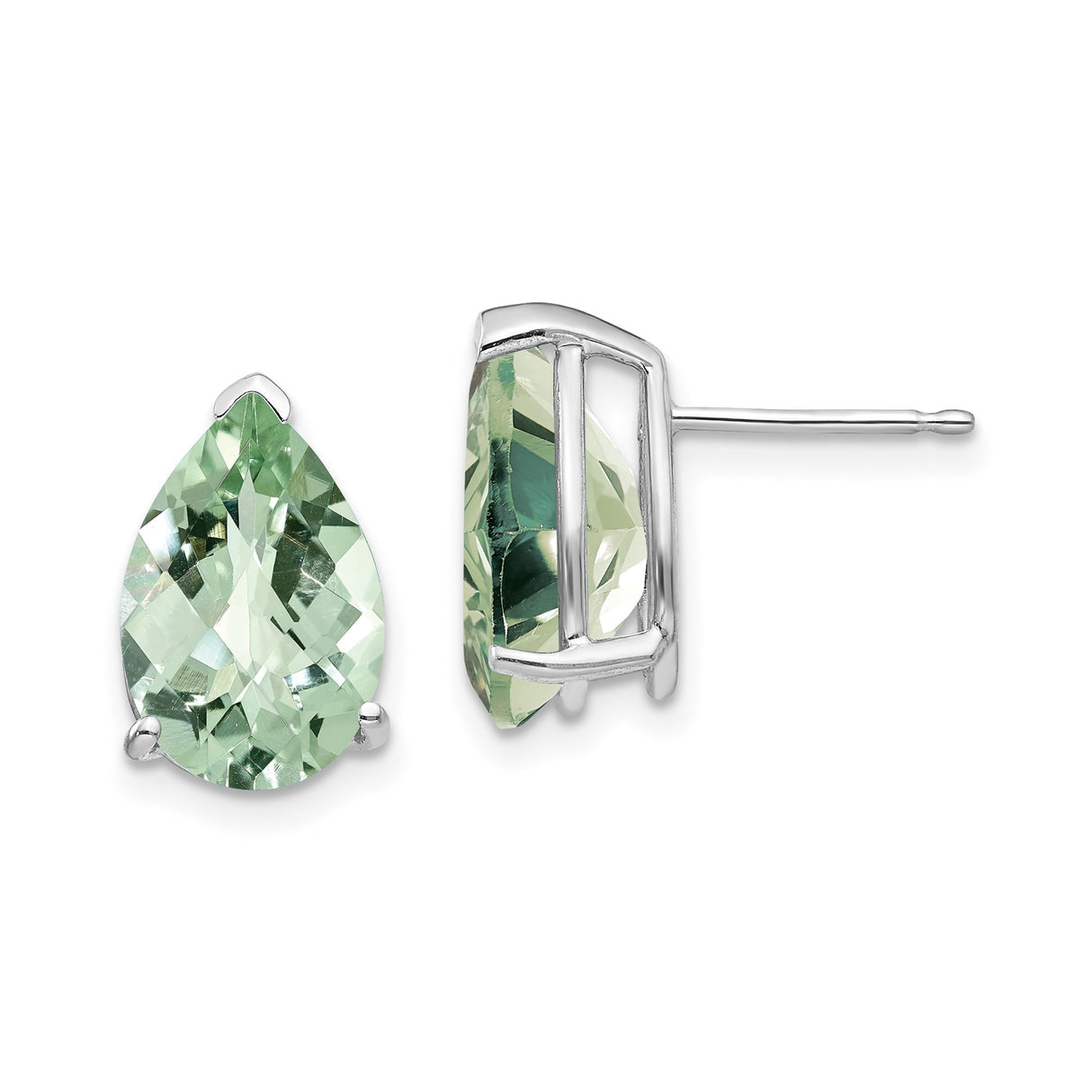 14k White Gold Stud Earrings with Pear Shaped Green Amethyst Teardrop Design for Women