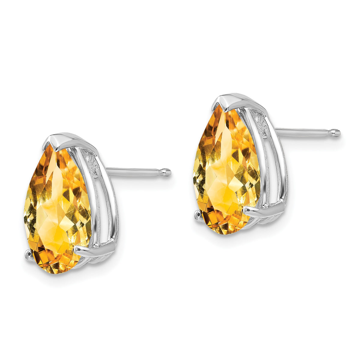 14k White Gold Citrine Stud Earrings, Pear Cut Three Prong Setting, November Birthstone Jewelry