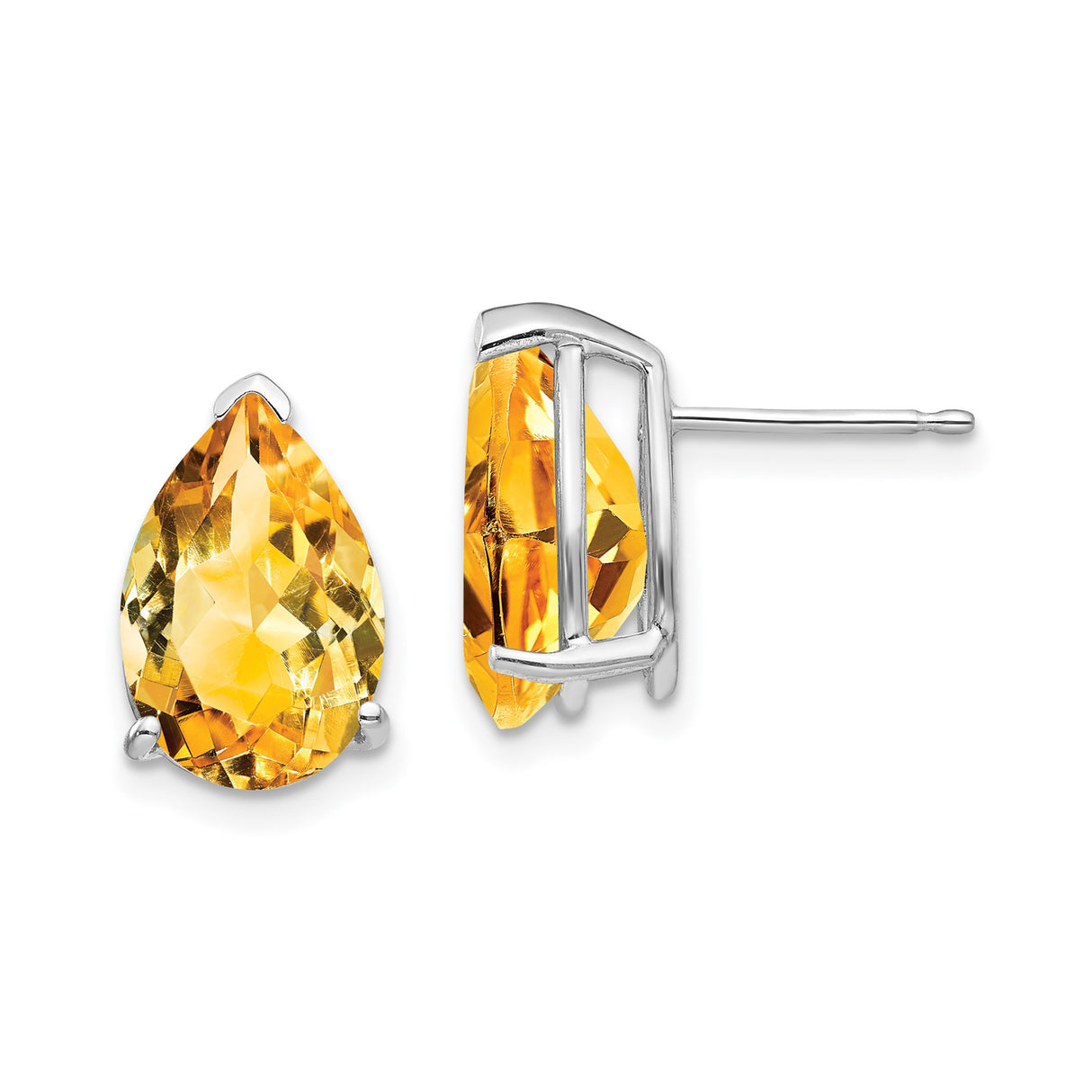 14k White Gold Citrine Stud Earrings, Pear Cut Three Prong Setting, November Birthstone Jewelry