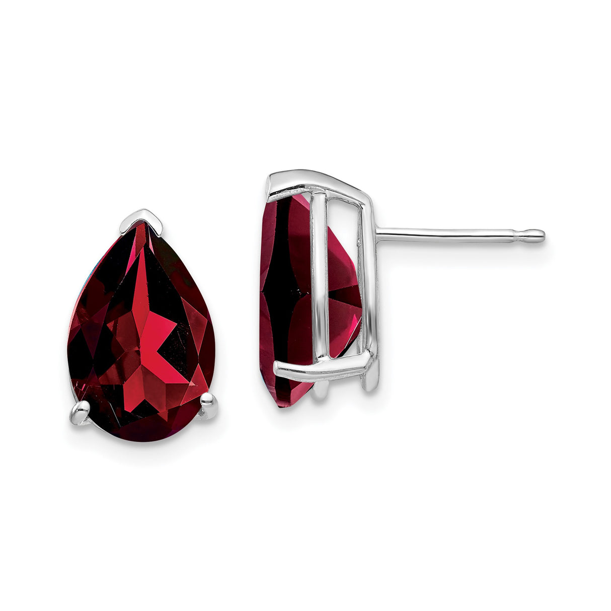 14k White Gold Pear Shaped Garnet Stud Earrings in Three Prong Setting for Women