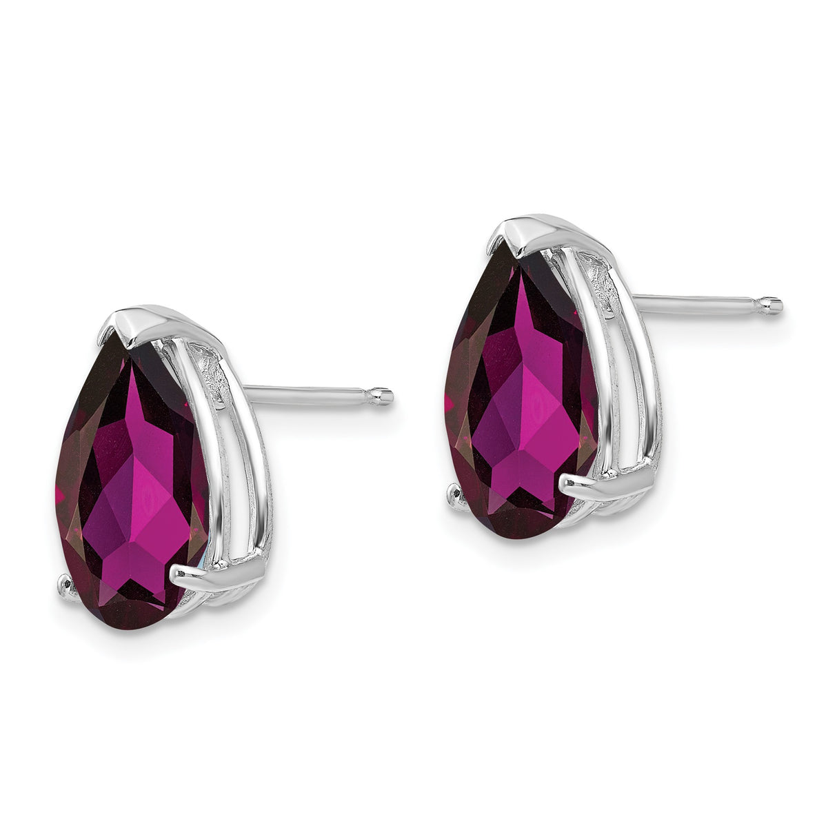 14k White Gold Garnet Stud Earrings, Pear Shaped January Birthstone, Three Prong Setting