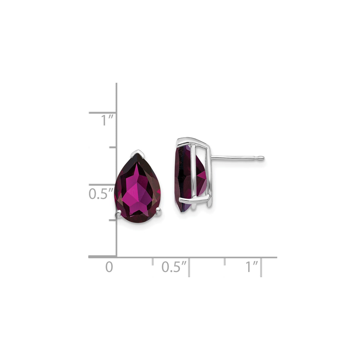 14k White Gold Garnet Stud Earrings, Pear Shaped January Birthstone, Three Prong Setting
