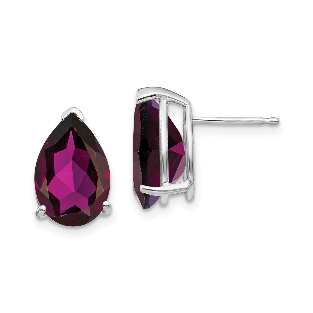 14k White Gold Garnet Stud Earrings, Pear Shaped January Birthstone, Three Prong Setting