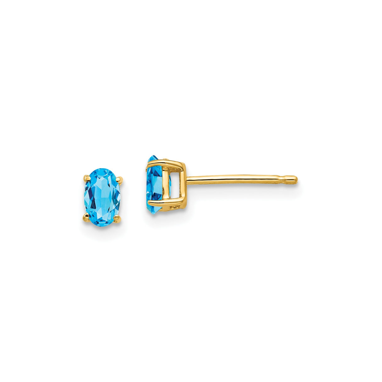 14k Yellow Gold Oval Blue Topaz Stud Earrings, Prong Set Lightweight Jewelry for Women