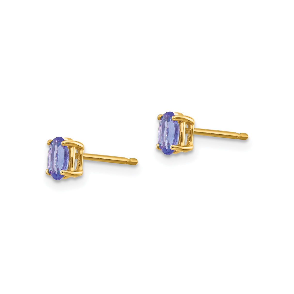 14k Yellow Gold Stud Earrings with Oval Tanzanite, Four Prong Setting, Minimalist Style