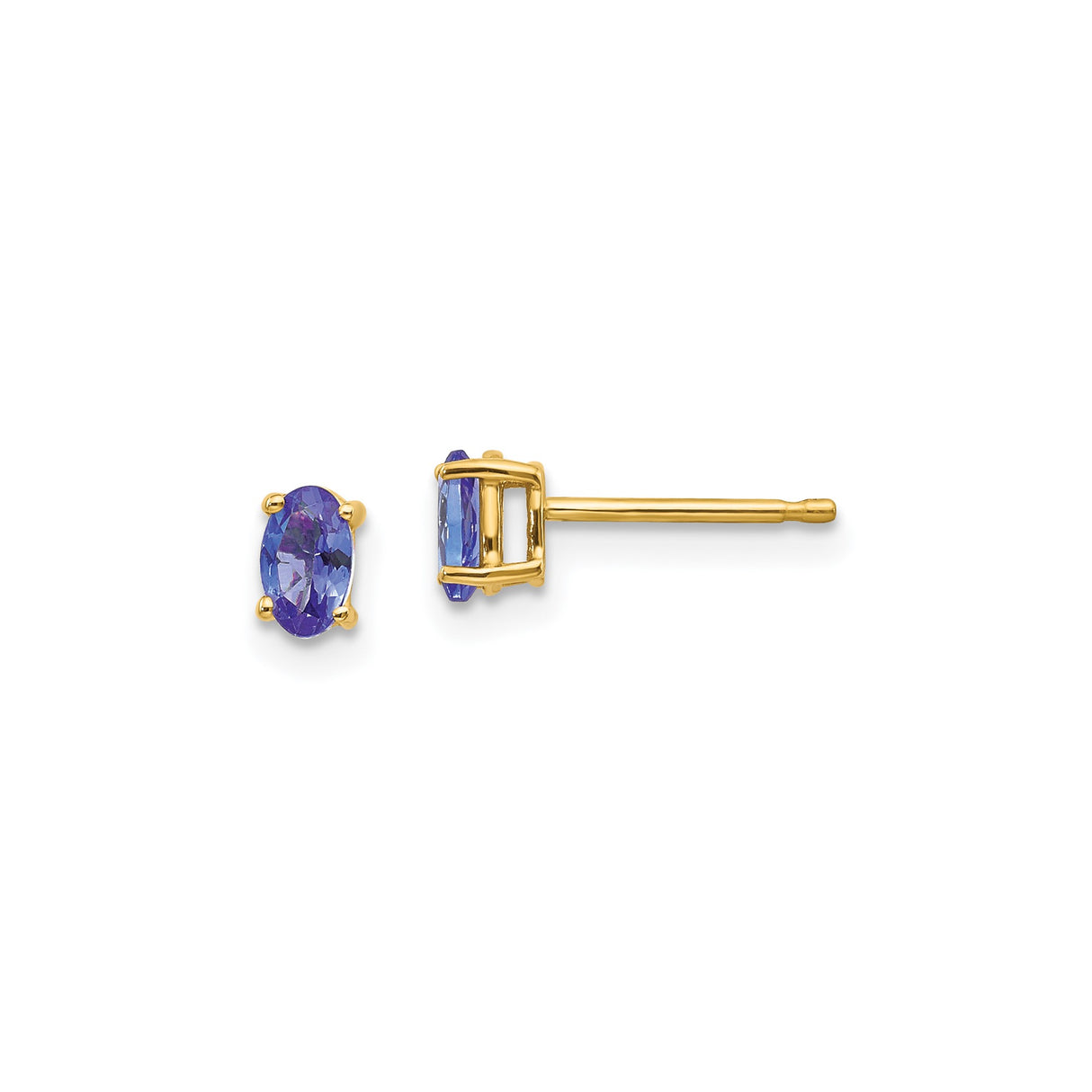 14k Yellow Gold Stud Earrings with Oval Tanzanite, Four Prong Setting, Minimalist Style