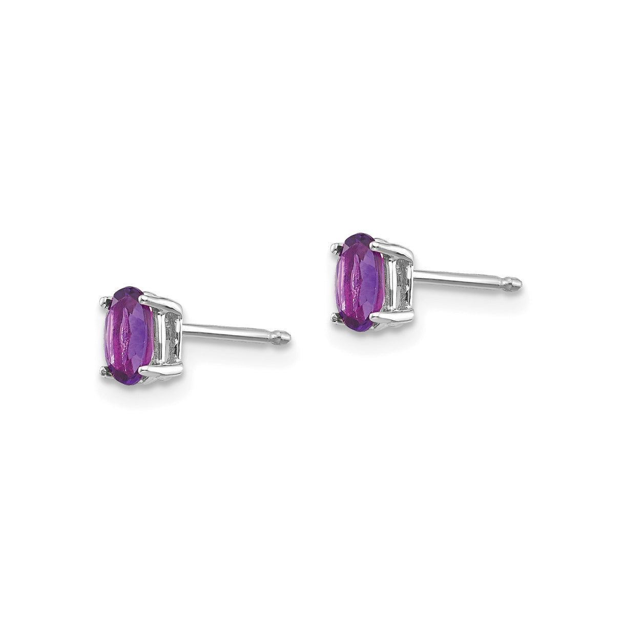 14k White Gold Amethyst Stud Earrings, Oval Faceted Purple Gemstones, Prong Set for Women
