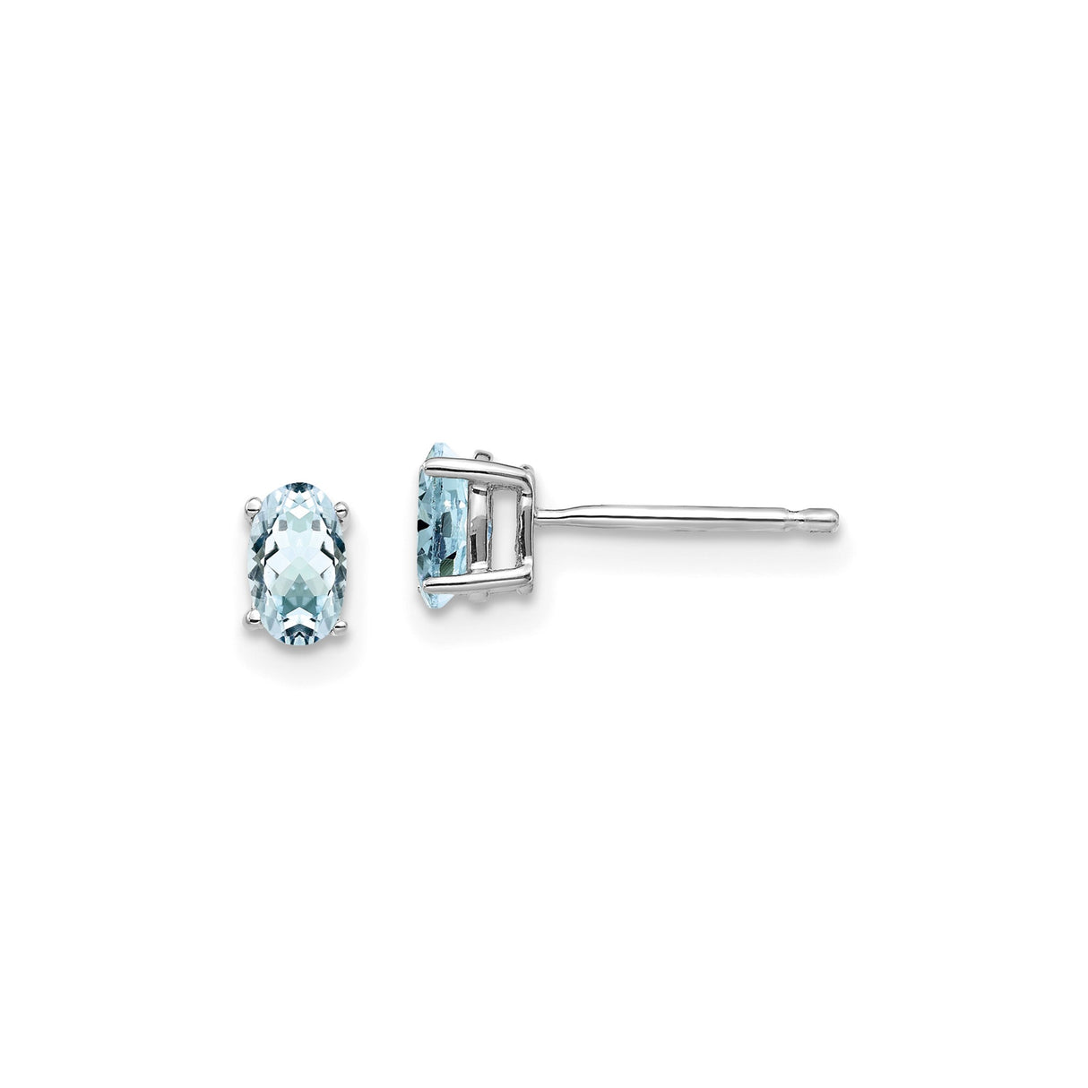 14k White Gold Aquamarine Stud Earrings, Oval Cut, Four Prong Setting, Minimalist Design