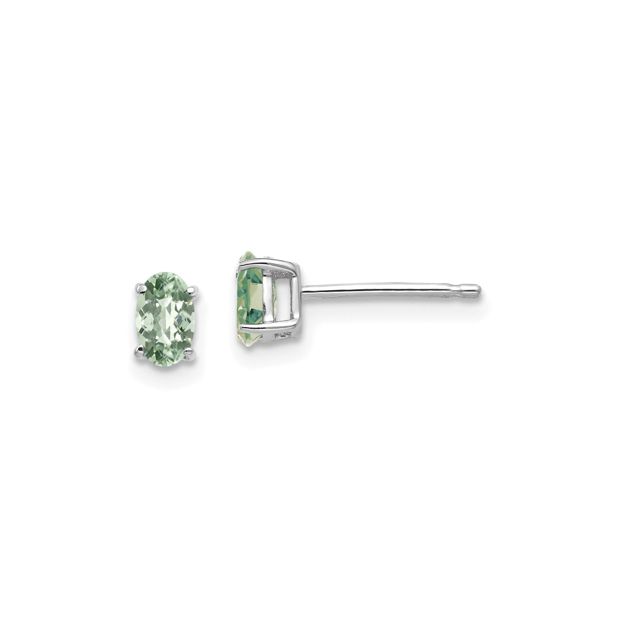 14k White Gold Oval Green Quartz Stud Earrings, Prong Set Minimalist Design
