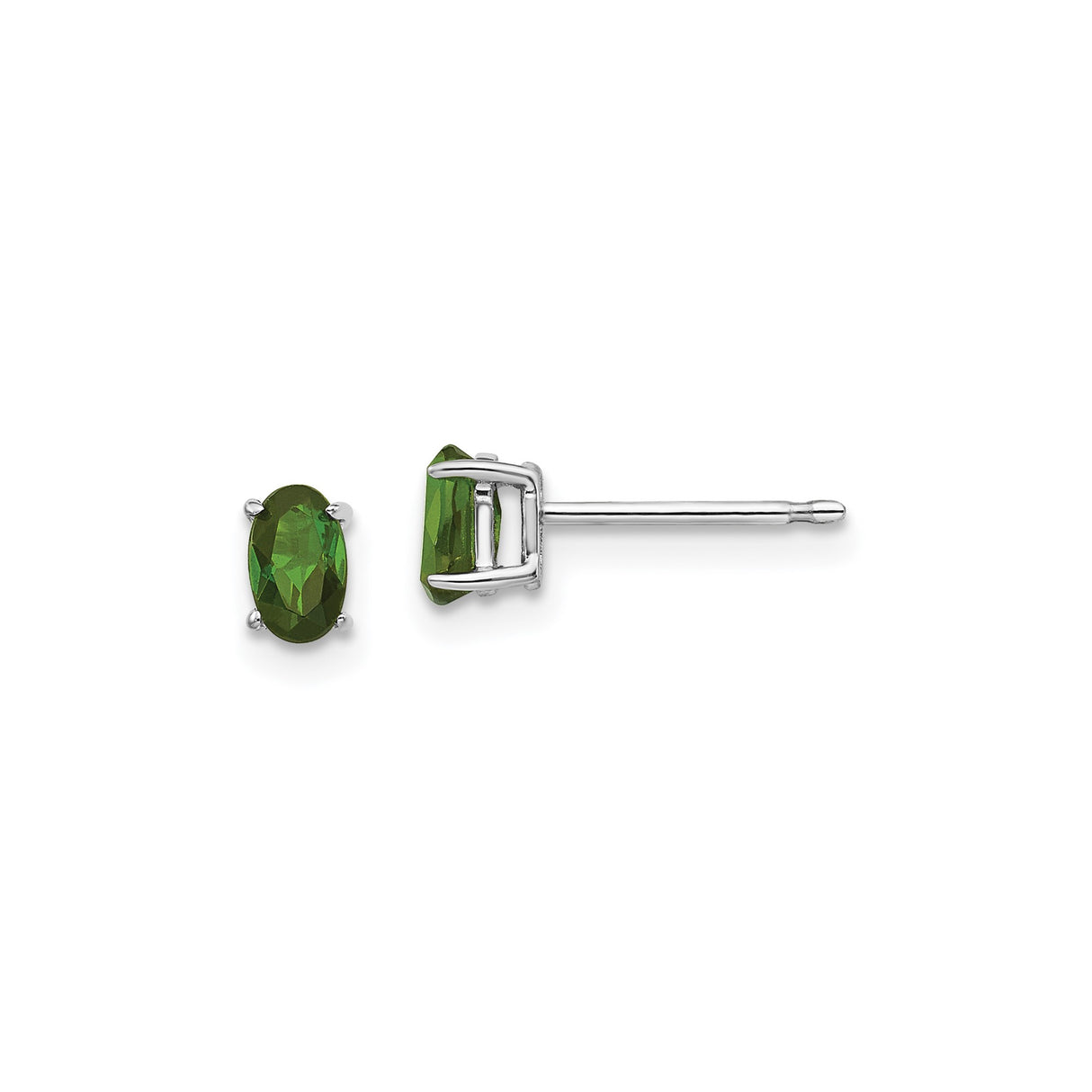 14k White Gold Stud Earrings with Green Tourmaline, Oval Prong Set Minimalist Design