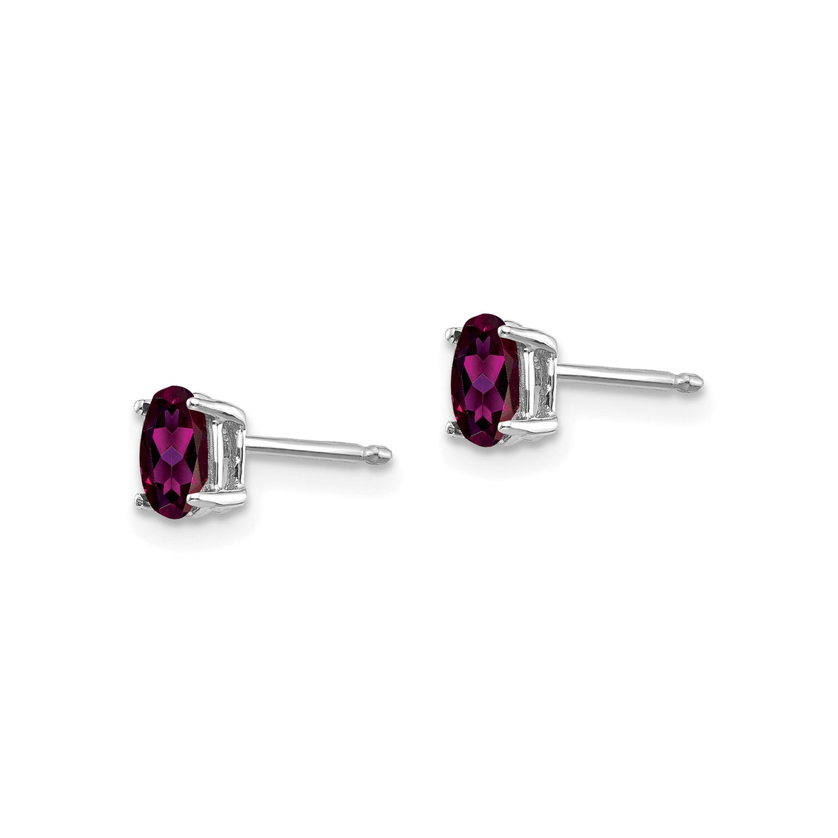14k White Gold Rhodolite Garnet Stud Earrings, Oval Cut, Four Prong, Classic Style for Women