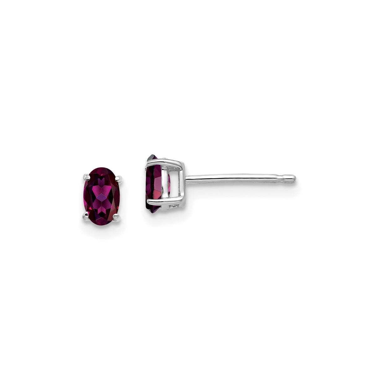 14k White Gold Rhodolite Garnet Stud Earrings, Oval Cut, Four Prong, Classic Style for Women