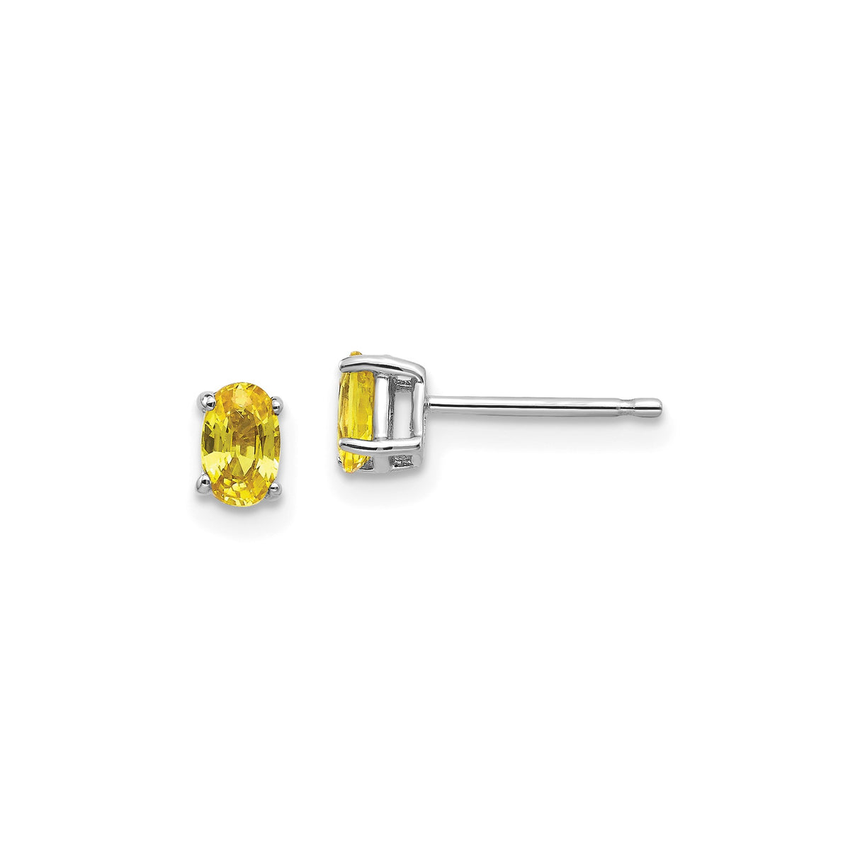 14k White Gold Yellow Sapphire Stud Earrings, Oval Four-Prong Setting