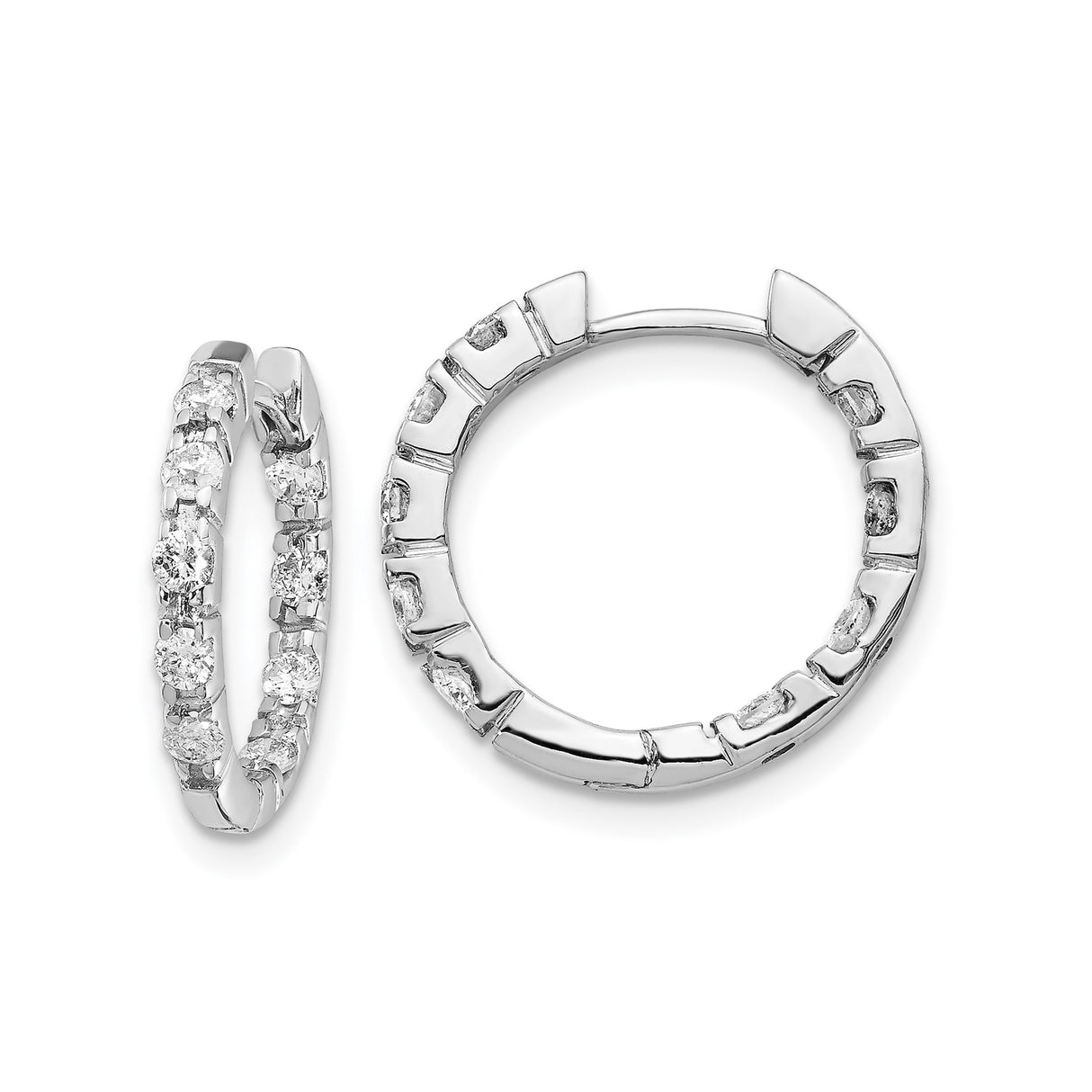 14k White Gold Hoop Earrings with Round Cut Channel Set Diamonds, Medium Hinged Design