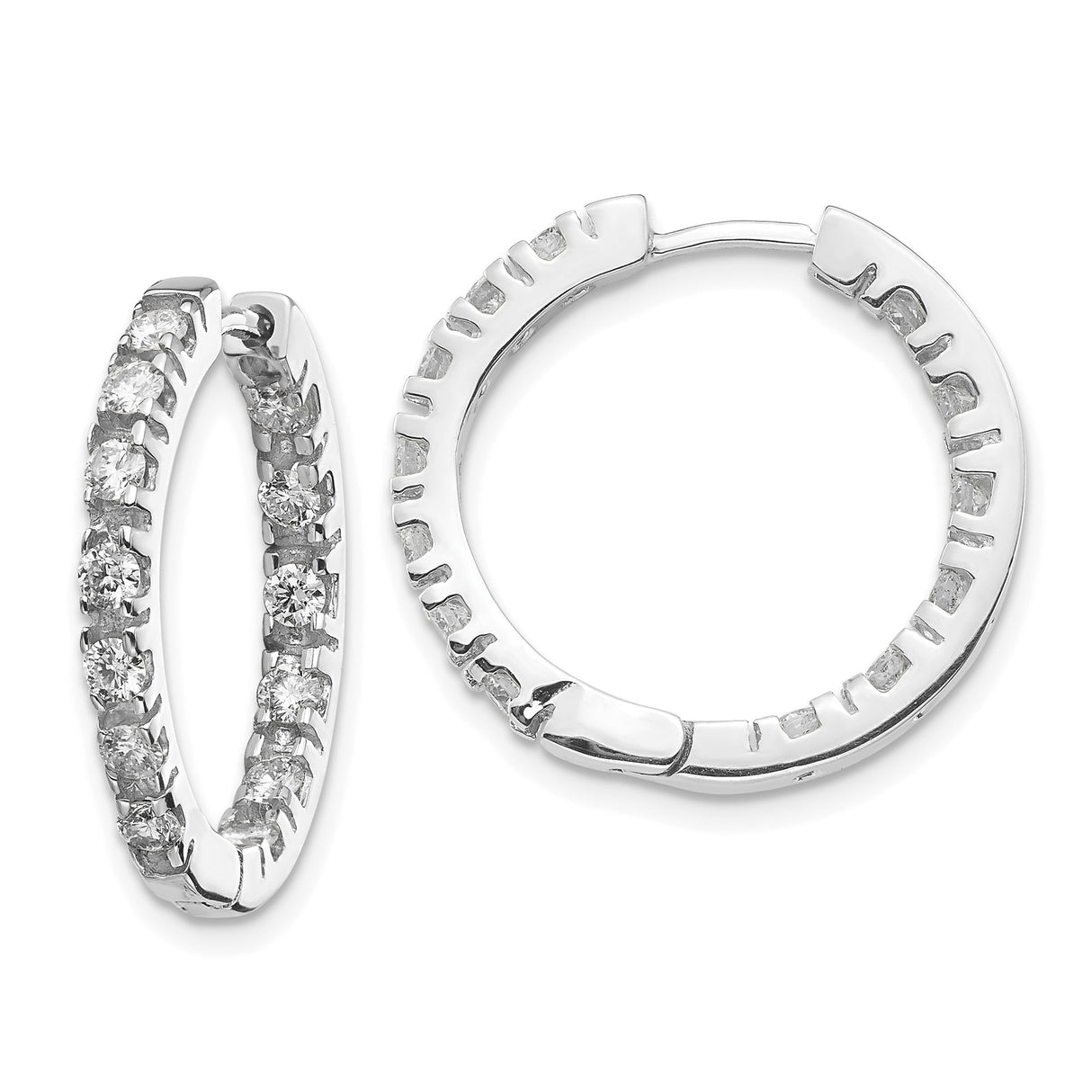 14k White Gold Diamond Hoop Earrings, Round Cut Inside-Out Prong Set Design