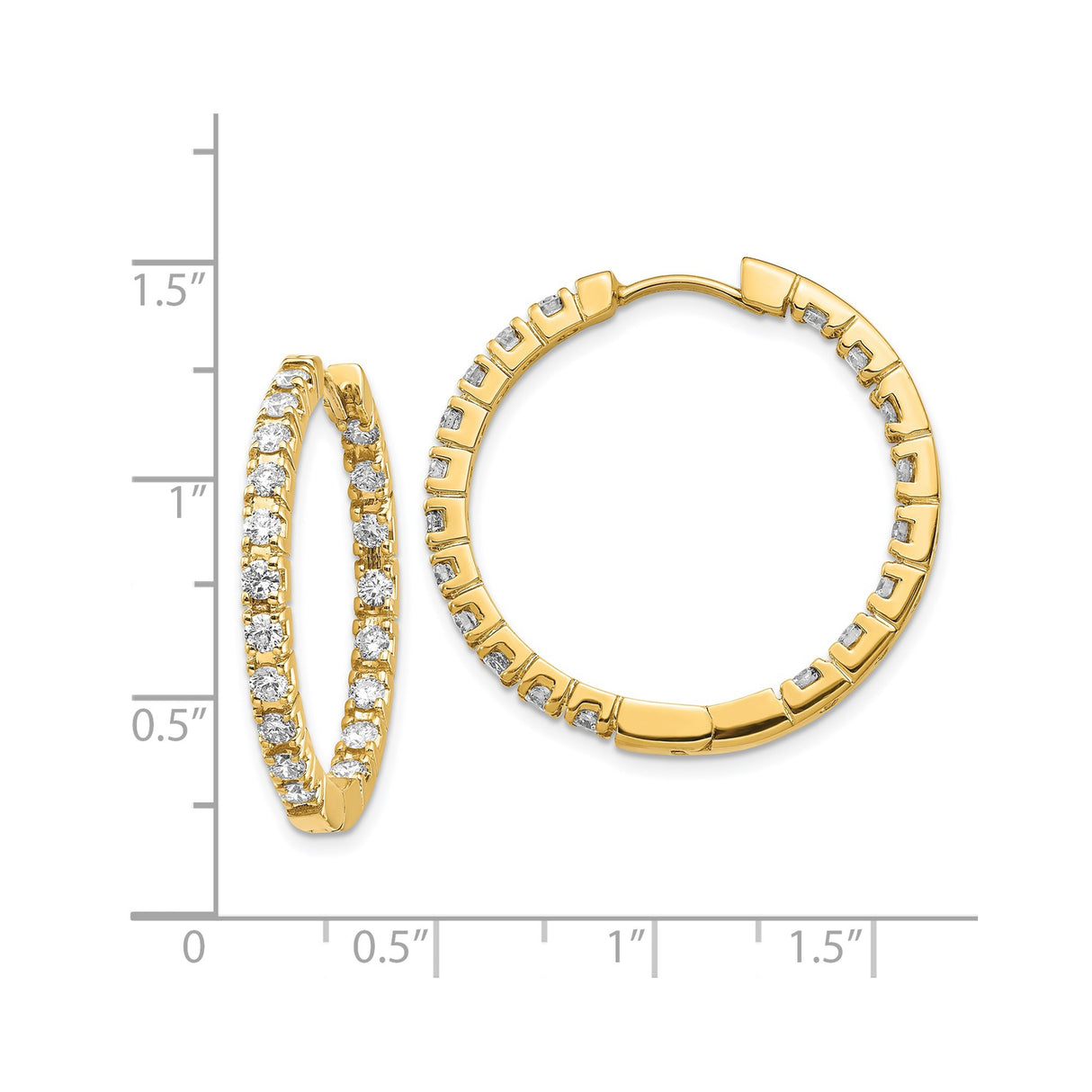 14k Yellow Gold Hoop Earrings with Diamond Cut and Channel Set White Stones, Polished Finish