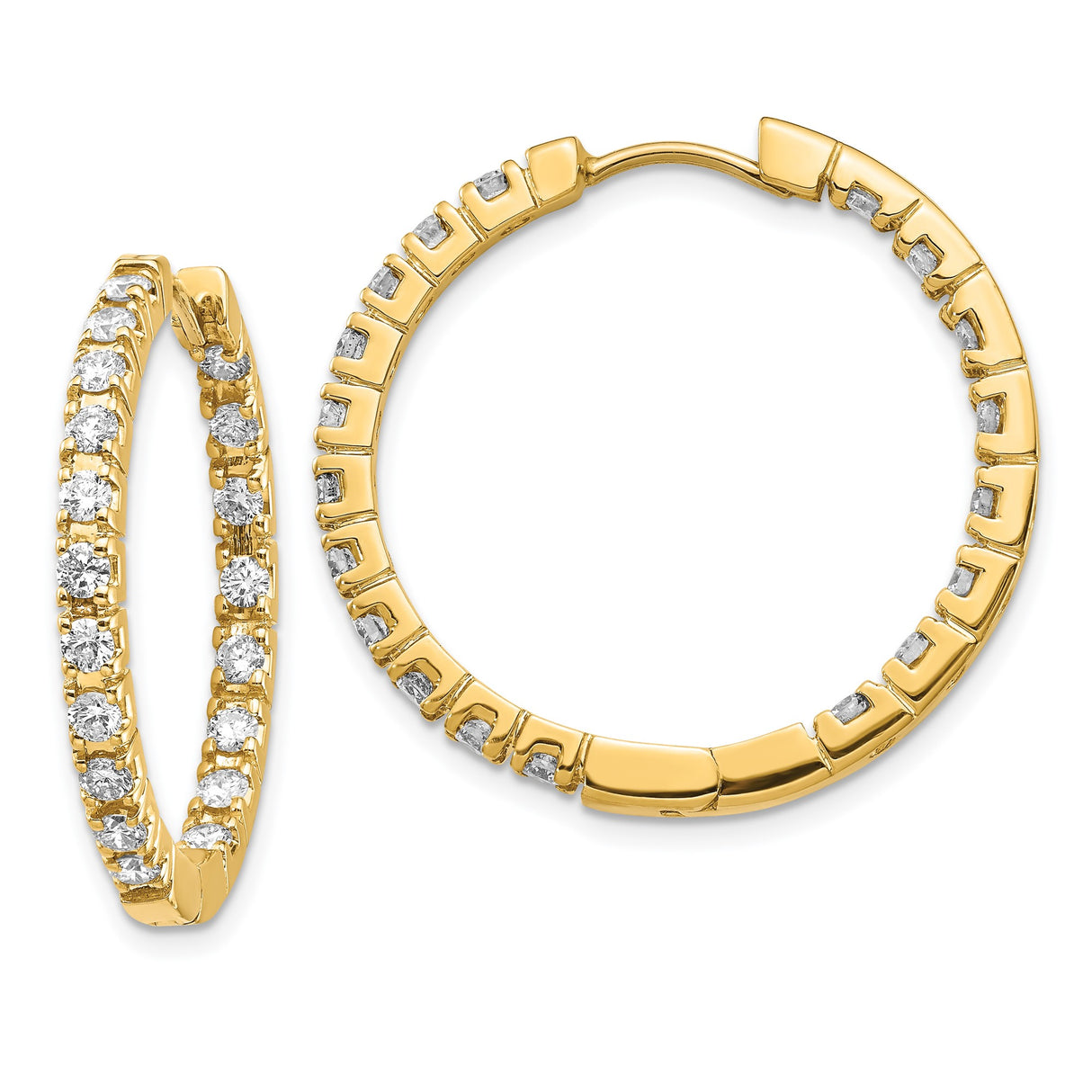 14k Yellow Gold Hoop Earrings with Channel Set Round Cut Diamonds, Classic Anniversary Style
