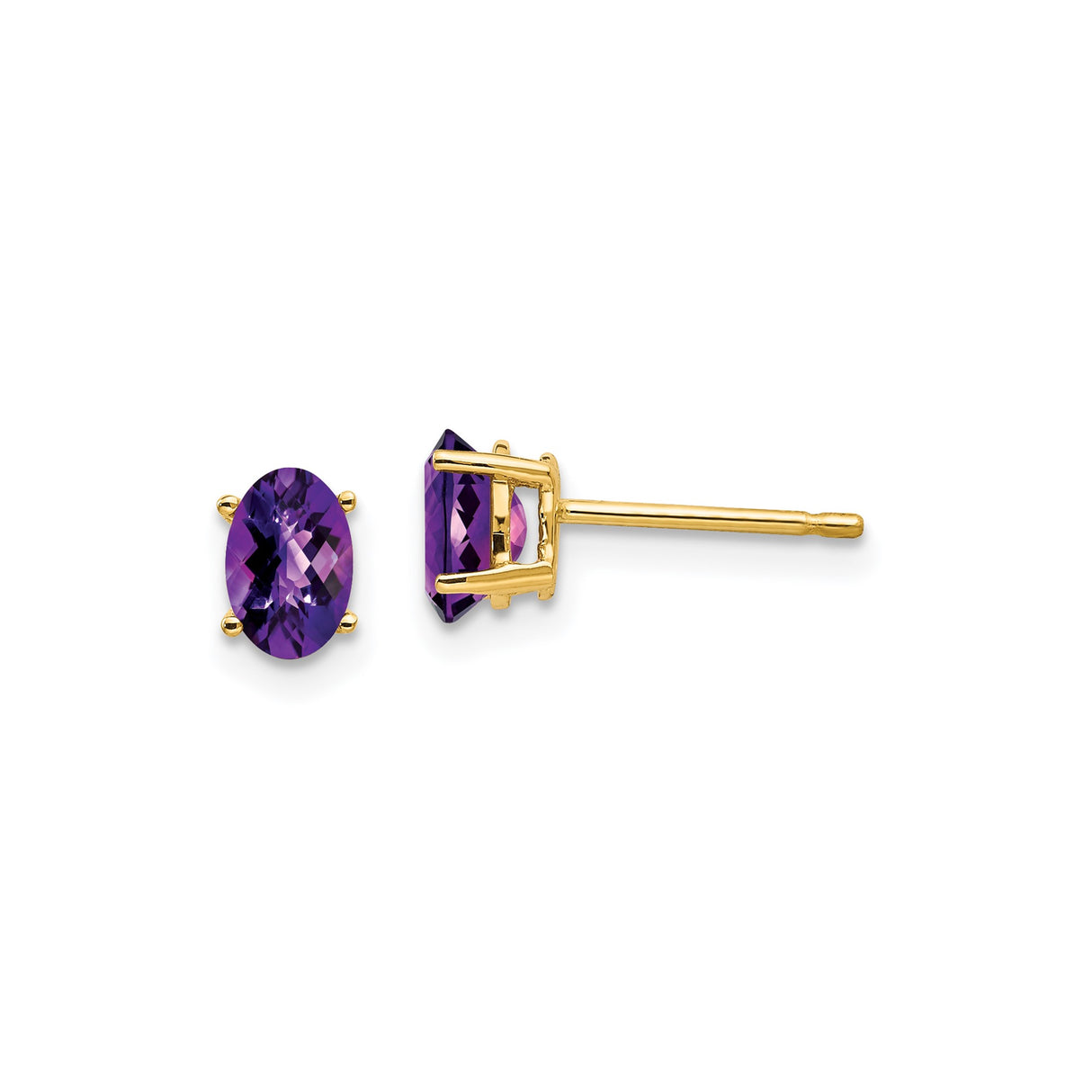 14k Yellow Gold Amethyst Stud Earrings with Faceted Oval Gemstones in Four Prong Setting
