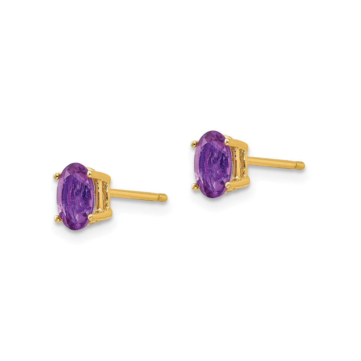 14k Yellow Gold Amethyst Stud Earrings, Oval Faceted Gemstone in Four Prong Setting