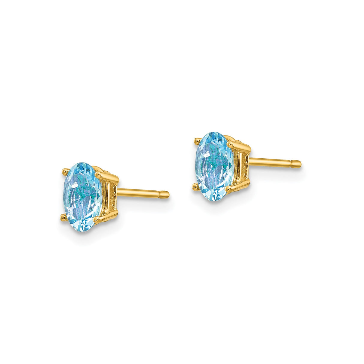 14k Yellow Gold Aquamarine Stud Earrings, Oval Faceted Light Blue Gemstone in Four Prong Setting