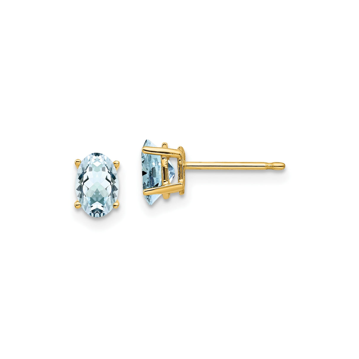 14k Yellow Gold Aquamarine Stud Earrings, Oval Faceted Light Blue Gemstone in Four Prong Setting