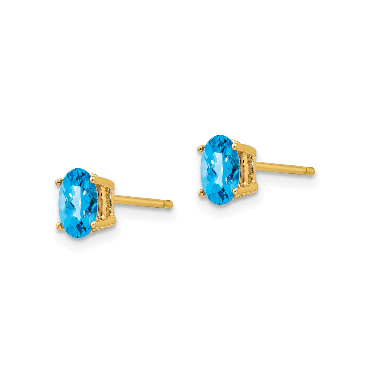 14k Yellow Gold Stud Earrings with Oval Swiss Blue Topaz, Classic Four Prong Setting