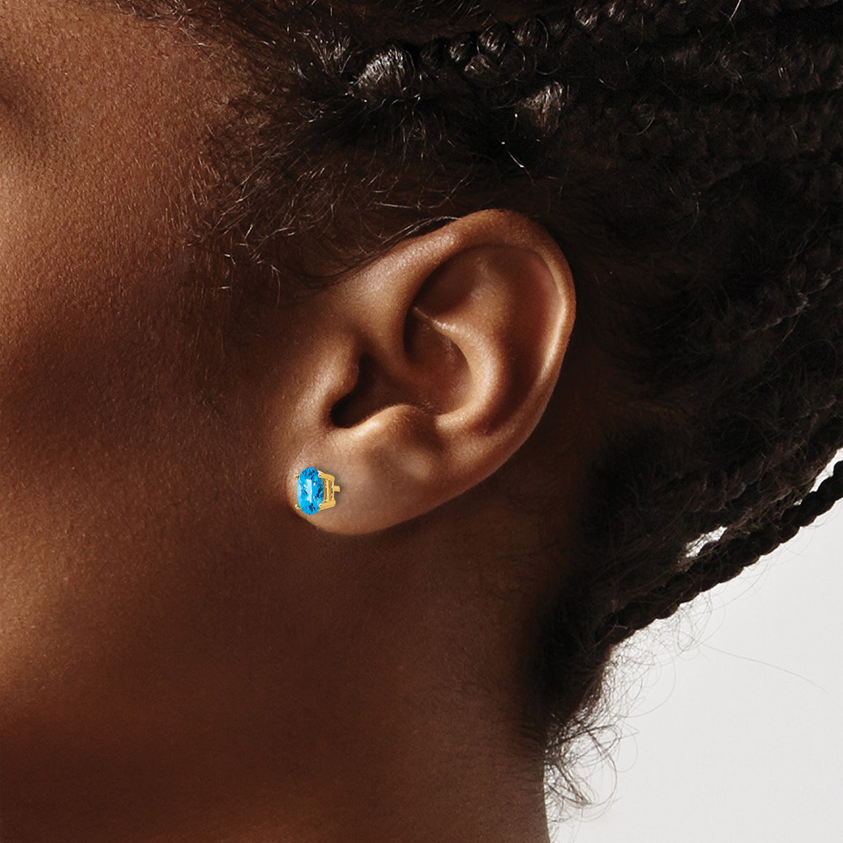 14k Yellow Gold Stud Earrings with Oval Swiss Blue Topaz, Classic Four Prong Setting