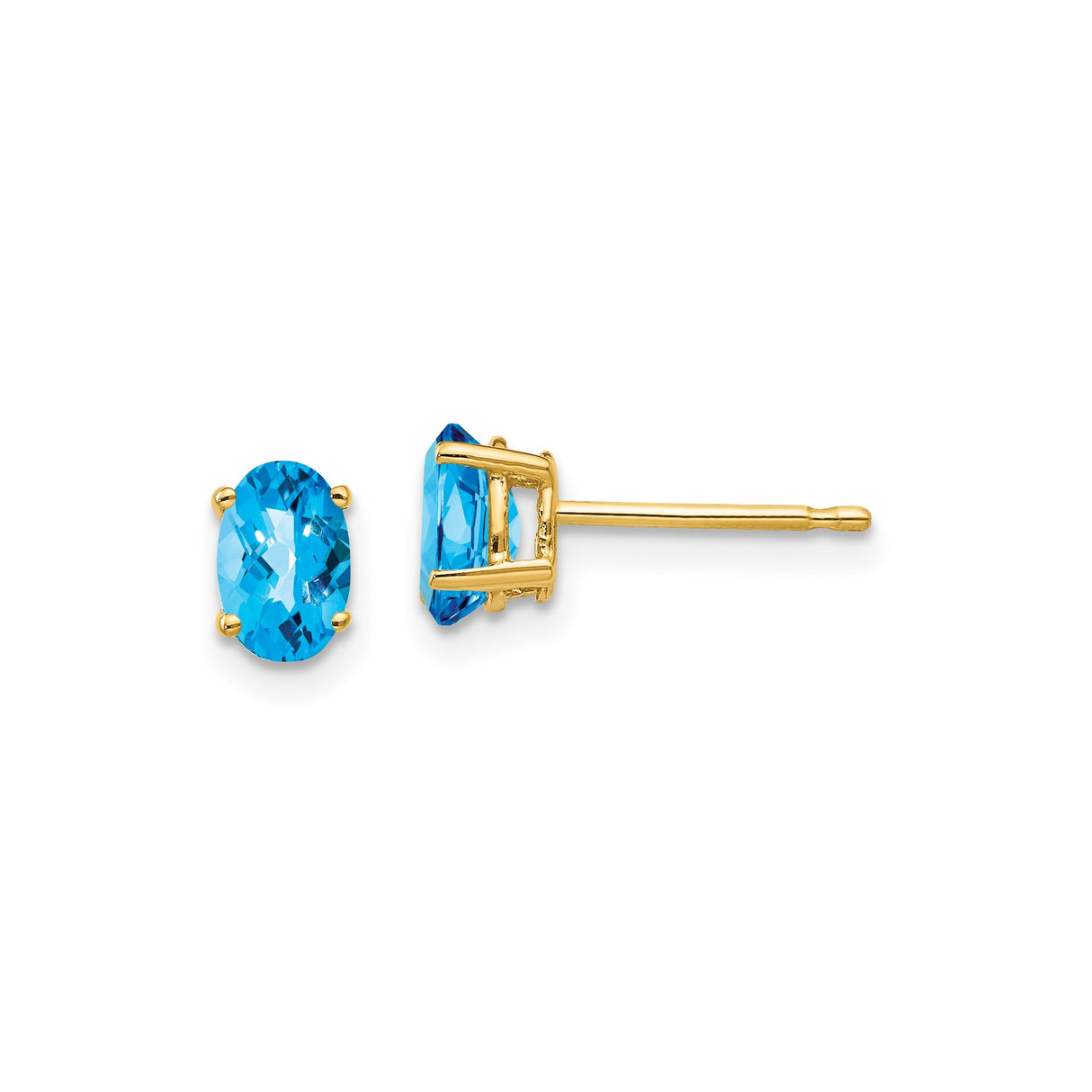 14k Yellow Gold Stud Earrings with Oval Swiss Blue Topaz, Classic Four Prong Setting