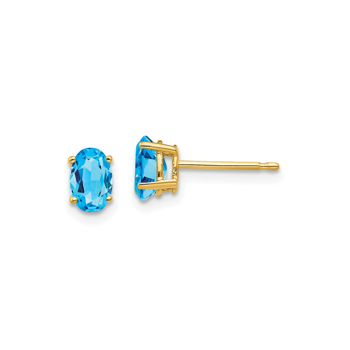 14k Yellow Gold Stud Earrings with Oval Swiss Blue Topaz, Classic Four Prong Setting