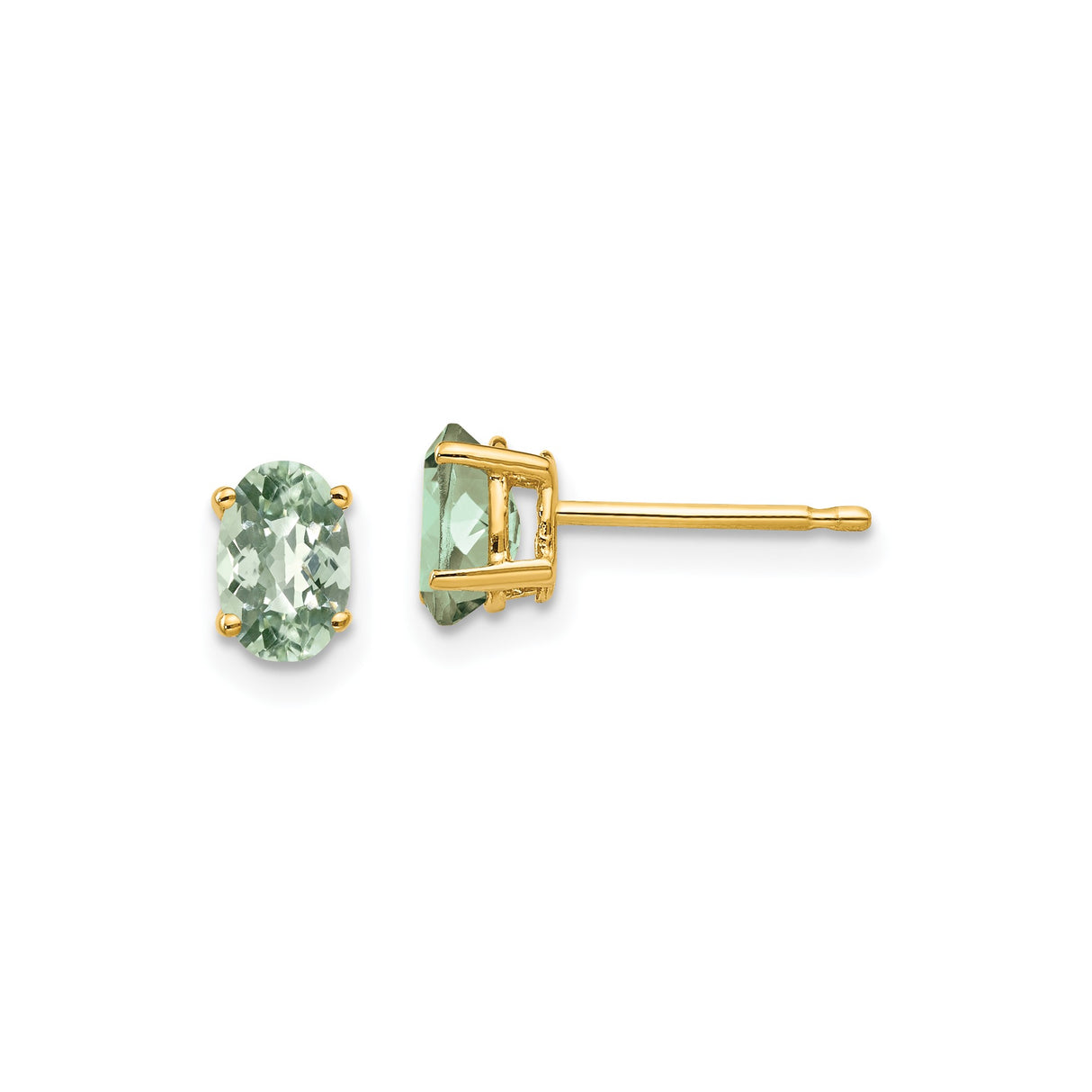 14k Yellow Gold Oval Green Amethyst Stud Earrings, Four-Prong Setting, Faceted Quartz