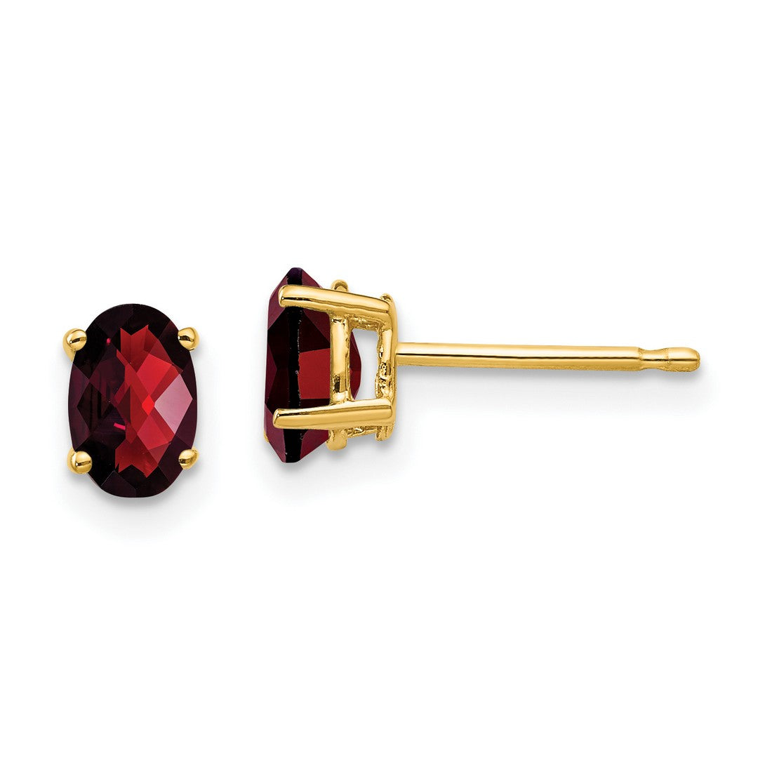 14k Yellow Gold Garnet Stud Earrings, Oval Four-Prong Setting, Classic January Birthstone