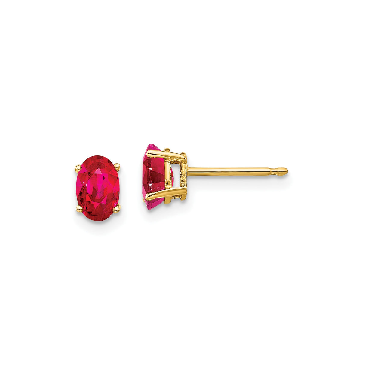 14k Yellow Gold Ruby Stud Earrings, Oval Gemstone, Minimalist Four-Prong Design for Women