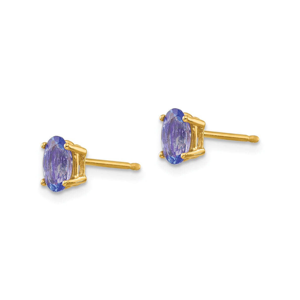 14k Yellow Gold Tanzanite Stud Earrings, Oval Prong Set Violet Blue Gemstones, Classic Push Back