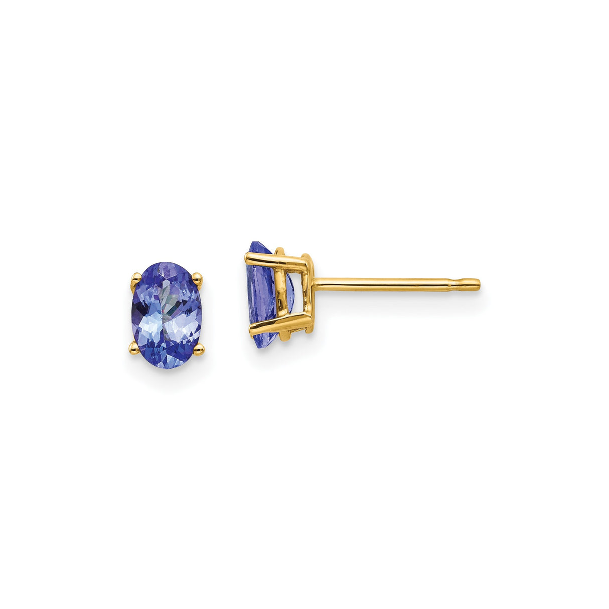 14k Yellow Gold Tanzanite Stud Earrings, Oval Prong Set Violet Blue Gemstones, Classic Push Back