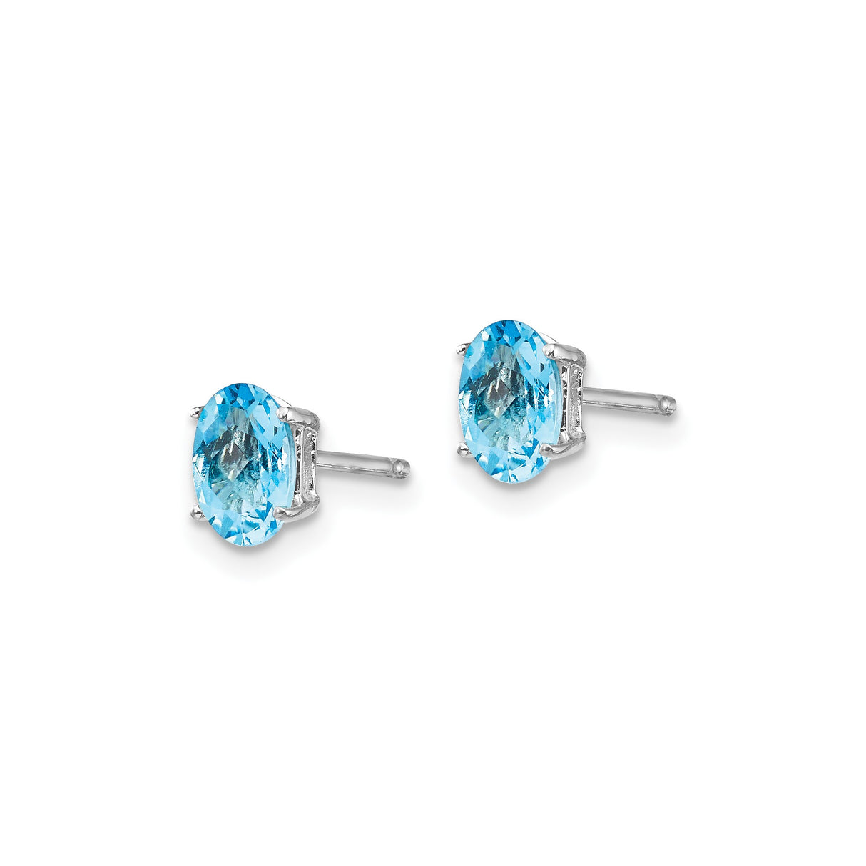 14k White Gold Oval Blue Topaz Stud Earrings, Faceted Gemstone in Four Prong Setting